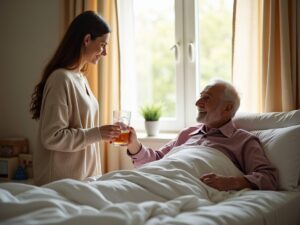 Young woman caring for an elderly man in bed, handing him a glass of tea in a sunlit bedroom.