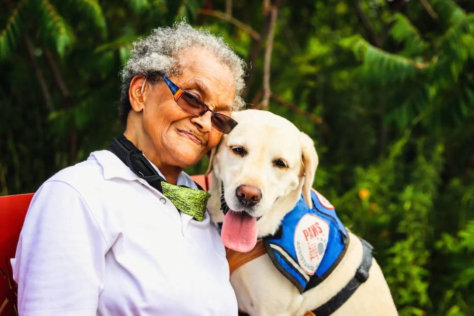 Elderly woman with dementia sitting with a labrador dog.