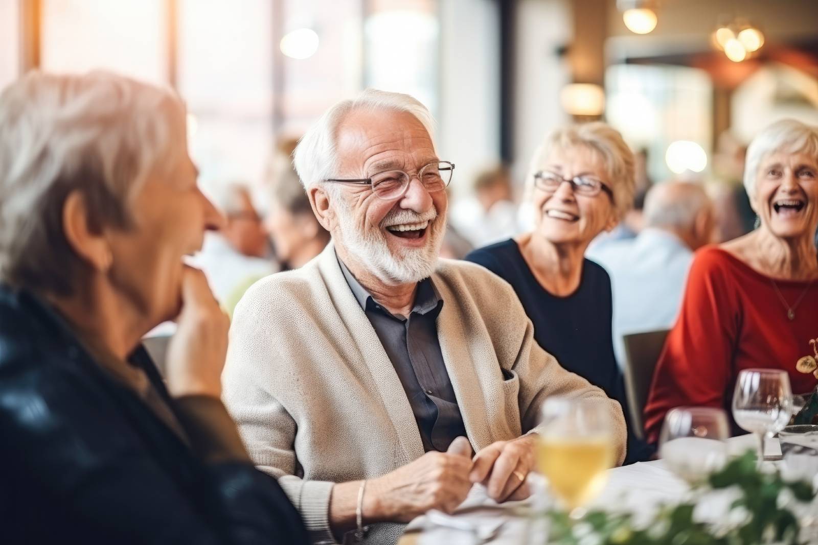 A group of seniors sitting at a table laughing.