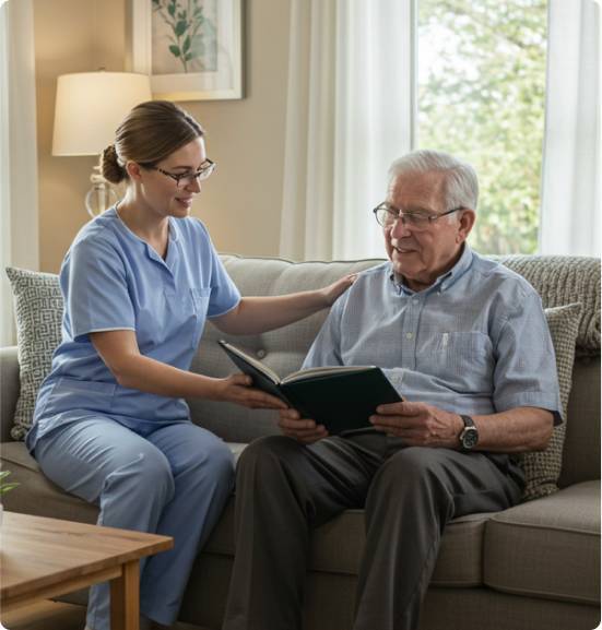 Caregiver sitting with an elderly man on a couch, looking through a photo album together
