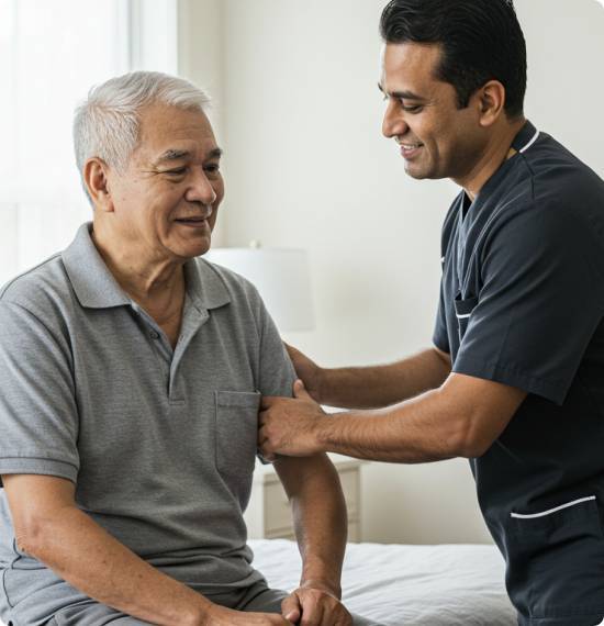 Caregiver in scrubs helping an elderly man sitting on a bed