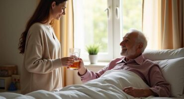 at-home-care Young woman caring for an elderly man in bed, handing him a glass of tea in a sunlit bedroom.