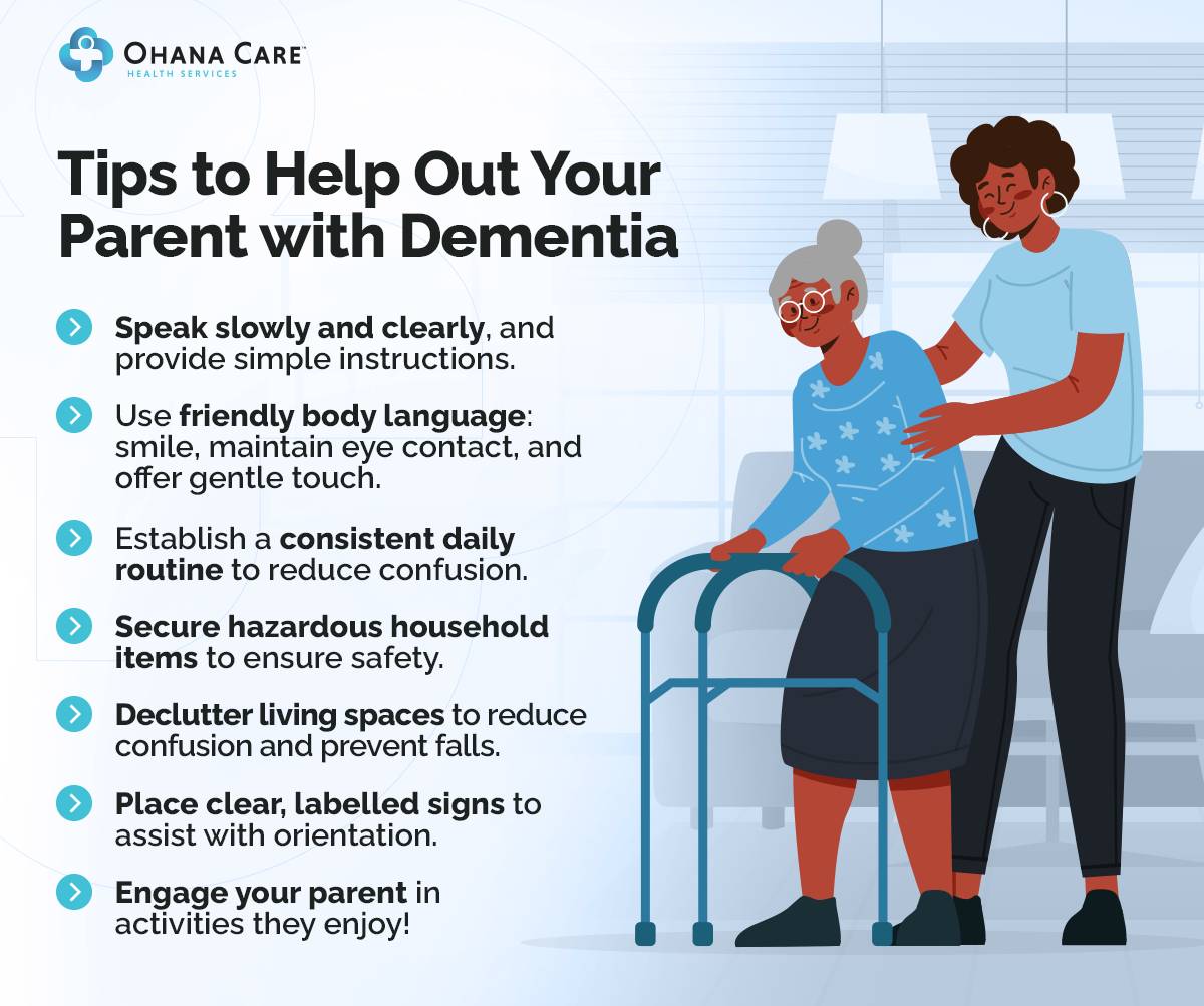 Illustration of a young woman helping an elderly woman with a walker, alongside caregiving tips from Ohana Care Health Services.